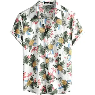 VATPAVE Herren Hawaii Hemd Männer Kurzarm Sommer Freizeithemd Casual Strand Blumen Hawaiihemd Mittel WeißAnanas