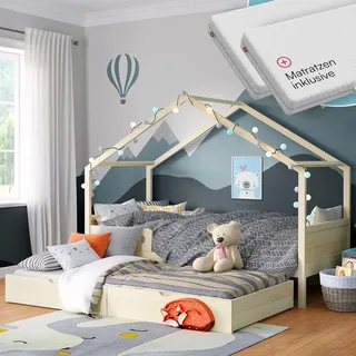 Bellabino Bela Kinderbett 90x200 cm – Hausbett ausziehbar mit Matratze, Rausfallschutz & Lattenrost – Kinder Bett mit Gästebett für Jungen und Mädchen – Montessori Bett aus Holz in Natur