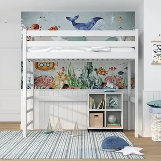 N01 Hochbett Holz 80x190 cm Weiß aus Massiveholz - Lattenroste - Made in EU | Kinderhochbett mit Leiter, 2 Leitermontageseiten, abgerundete Kanten, Stabile Massivholzkonstruktion, Zertifiziert Lacke