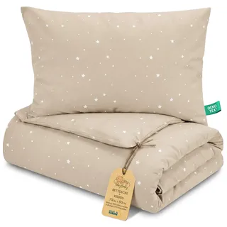 Totsy Baby Kinderbettdecke ohne Bezug Baumwolle Set Baby Kinderdecke Kissen | Decke 50x70 cm für Kinderbett Babybett Kleinkind ganzjahres leicht atmungsaktiv Kopfkissen bezugsfrei Beige mit Weiß Sternen