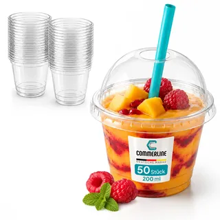 Commerline Smoothie Becher, 200 ml, 50 Stück, Slush Becher mit Domdeckel