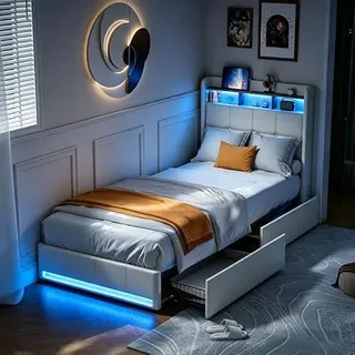 Polsterbett Jugendbett 90x200 cm mit LED-Beleuchtung und USB-Ladestation, Bett 90x200 mit Lattenrost und 2 Schubladen, Staufach-Kopfteil mit Stauraum, Stauraumbett Bettgestell, Leinen