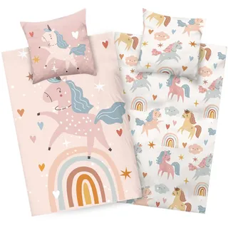 Aminata kids Mädchen-Bettwäsche Einhorn & Regenbogen – Kuschelweiche Baumwolle für traumhafte Nächte, 135x200 cm, Wendemotiv Unicorn & Pferde, Beige/Pastell