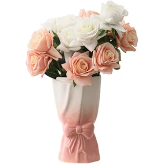 Vase Keramik mit Schleife, Kreative Blumenvase Modern, Aesthetic Vasen für Blumen, Blumenstrauß oder Zierzweige, Keramik Blumenvase für Wohnzimmer Schlafzimmer Hochzeit Tischdeko (Farbverlauf Rosa)
