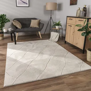 Paco Home Teppich Wohnzimmer Schlafzimmer Kurzflor Boho Skandi Raute 3d Grau Anthrazit, 120x160 cm, Creme 2