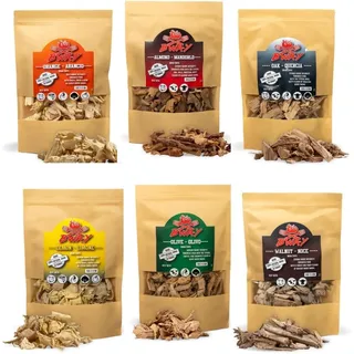 BWAY Räucherchips – BBQ-Räucherholz für Smoker Grill, Schwein, Fisch, Obst und Gemüse – Räucherbox Gasgrill mit Oliven, Orangen, Mandel, Zitronen, Nuss und Eichenaroma 6×1 L