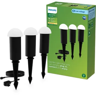 Philips Edwina Outdoor GardenLink Niedervolt- Sockelleuchte, 24 V, 2700K warmweißes Licht, 180 lm, Schwarz, Starter-Set, 3er-Pack, EU-Stecker