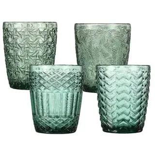 CRISTALICA 4er Set Trinkglas, Saftglas, Wasserglas Grün mit Gemischten Motive, ca. 300ml