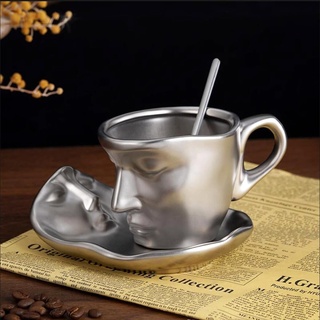 XIUWOUG Kreatives Gesicht Keramik-Kaffeetassen Set mit Untertasse,Cappuccino Latte Tasse und Untertasse,Espresso-Kaffeetassen,Mikrowelle und Geschirrspüler sicher,Silber