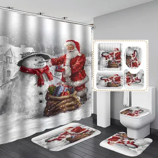 Frohe Weihnachten, Weihnachtsmann, Badezimmervorhang, 4er-set, Wasserdicht, Duschvorhang, Toilettensitzbezug, Rutschfeste Matte, Heimdekoration