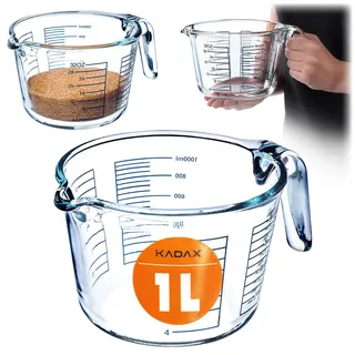 KADAX Messbecher aus Glas, Glaskännchen mit ergonomischem Griff, Widerstandsfähiges Messgefäß für flüssige als auch pulvrige Produkte, Messkanne zum Backen und Kochen (1 Liter)