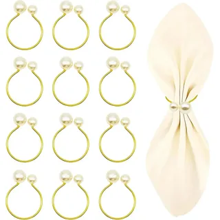Wondora 12 Stück Serviettenringe Gold, Napkin Rings Mit 2 Perlen, Serviettenringe Weihnachten Metall Servietten Ringe, Geeignet für Weihnachten, Thanksgiving, Ostern, Geburtstag, Bankett, Party