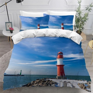 SK-YBB Leuchtturm Bettwäsche 135x200 Kinder-Bettwäsche für Mädchen und Jungen Reißverschluss Bettwäsche-Set Nordisches Meer Mikrofaser Bettbezug 2 Kissenbezug 80x80cm