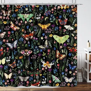 Boho-Duschvorhang mit Schmetterlings-Motiv, helle abstrakte böhmische Pflanze, Blume, botanische Motte, Duschvorhänge, schwarz, modern, ästhetisch, schick, Stoff, Duschvorhang, Badezimmer-Zubehör, 12