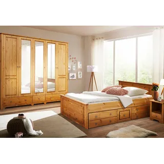 OTTO home Schlafzimmer-Set OTTO HOME "Hugo", beige (natur geölt), B/H: 180cm x 200cm, Schlafzimmermöbel-Sets, Bett 180x200 cm, 5-trg Kleiderschrank und 2 Nachttische