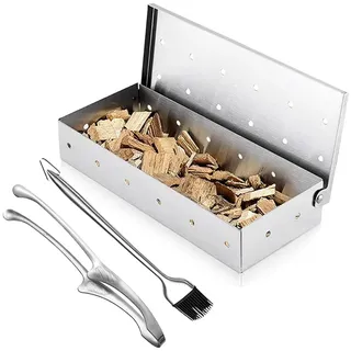 TINMIX Räucherbox zum Grillen von Holzspänen Perforierte Rauchkammer mit Ölbürste aus Edelstahl 304 und Lebensmittelzange Grillzubehör für Holzkohlegrill/Gasgrill BBQ