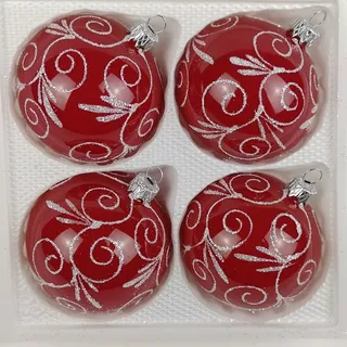 Navidacio Weihnachtsbaumkugel 4tlg Glas-Weihnachtskugel Set 12cm Ø "Hochgl. Modern Rot Weiss Ornam."