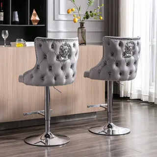 Ya-Home Samt Barhocker 2er Set höhenverstellbar Metallsockel, Grau | Gepolsterte Samtpolsterung, Löwenring-Zuggriff, Sitzhöhe einstellbar 60-82cm, für Küche & Bar, modernes Design