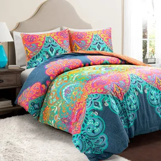 Lush Decor Boho Chic Bettwäsche-Set, wendbar, 3-teilig, Baumwolle, Kingsize-Bett, Türkis und Marineblau