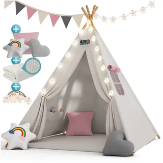 SPIELWERK - Tipi Zelt Für Kinder Indoor 130x130cm Set Mit Bodenmatte Lichterkette Girlande Kissen Spielzelt Baumwolle Holz Tragetasche Rosa