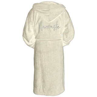 Schnoschi Unisex-Bademantel »Bademantel mit Kapuze und Taschen Namaste aus weichem Frottee, Yoga,«, mit Kapuze und Stickerei, mit Kapuze, mit Gürtel, Bordüren an Kragen, Ärmel und Taschen, Schlaufe zum Aufhängen, Stickerei "Namaste", lang, einfarbiger Mantel für Mann & Frau, 100 % Baumwolle beige XXL-3XL
