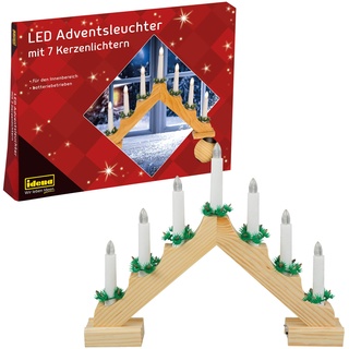 Idena 8582092 - LED Adventsleuchter mit 7 LED Kerzenlichtern in Warmweiß, Schwibbogen aus naturfarbenem Holz, batteriebetrieben, Deko für Innen, als Winter-, Advents- und Weihnachtsdeko