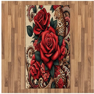 Teppich Flachgewebe Deko-Teppiche für das Wohn-,Schlaf-, und Essenszimmer, Abakuhaus, rechteckig, Leopard Blühende rote Rosen und Katze beige|rot
