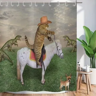 Famanu Duschvorhang Katze auf Pferd 180 x 180 cm – wasserabweisendes Polyester + 12 Haken