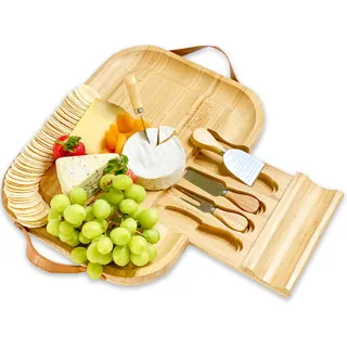 Bambus-Käsebrett und Messer-Set – Holz-Charcuterie-Brett mit Ledergriffen und herausziehbarer Schublade