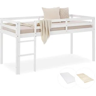 Homestyle4u Hochbett 90 x 200 cm Kiefer massiv weiß grau