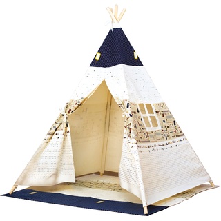 Bino Spielzelt TeePee, Zelt Kinderzimmer (Kinder Tipi Zelt, Spielhaus für Kinder ab 3 Jahre, Drinnen & Draußen geeignet, bedruckt mit Indianer Motiven, Größe 120x120x150 cm), blau-beige