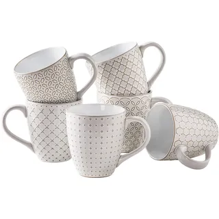 DOWAN Kaffeetassen Set, 6 x 560 ml Kaffeebecher Porzellan, Große Tassen mit geprägtem Muster im Landhausstil für Kaffee, Milch, Tee & Kakao, Tassen Set Reaktiv Weiß