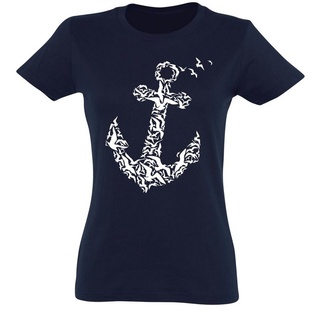 Baddery Print-Shirt Damen T-Shirt: Anker - Segeln Meer See Kapitänin Boot, hochwertiger Siebdruck, aus Baumwolle blau XL
