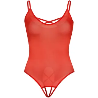 Teyli Bodysuit Women Damen Body Ouvert Tanga - Mesh Top Body Ouvert - Bodys Damen aus Feinem Mesh mit Verstellbaren Trägern und Rundhalsausschnitt Rot XXL/3XL - XXL-3XL Große Größen