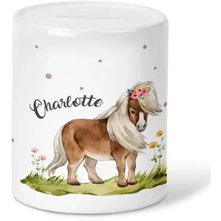 Mikalino Kinder Spardose Pferd - Pony personalisiert mit Wunschname Geschenke Geschenkideen Sparschwein - handbedruckt in Deutschland, Farbe:weiss, Grösse:onesize