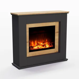 GF CORE Elektrokamin mit Heizung und Kaminfeuer (Standkamin Europa Oak) - elektrischer Kamin mit LED-Feuer in 3 Farben, Heizlüfter, Holz-Deko & Fernbedienung, 111x101x33 cm, Schwarz