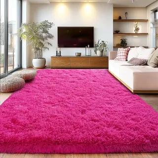 Großer flauschiger Teppich, 2,3 x 3 m, Hot Pink, flauschiger Teppich für Wohnzimmer, großer Plüsch, rutschfest, Zottelteppich, weiche zottelige Teppiche für Schlafzimmer, Innenbereich, moderne