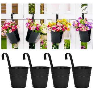 LuxusKollektion Blumentopf Blumentöpfe 4 Stück Hängetopf Metall Haken Balkon Schwarz 10cm schwarz
