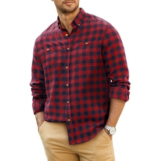JMIERR Flanellhemd Flanellhemd Kariertes Hemd Herren Langarm Freizeithemd Trachtenhemd (als Jacke offen oder Hemd zugeknöpft zu tragen) Flanellhemd Kariertes Hemd Herren rot S