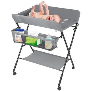 Baby Klappbarer Wickeltisch,Mobiler Wickeltisch mit Rollen und Wickelauflage,Wasserdicht und Höhenverstellbar,Baby Wickelkombi mit Ablagefächern-80 * 66 * 98cm grau