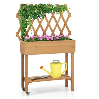 COSTWAY Hochbeet mit Ablage & Spalier, Blumenbeet auf Rollen, Pflanzkasten mit Stoffauskleidung, Holz, Blumenkasten mit Rankgitter für Kletterpflanzen, Garten Balkon Terrasse, 90x29x129cm, Natur