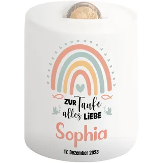 Taufgeschenk für Patenkind: Spardose personalisiert „Zur Taufe“ mit Namen & Datum - Sparbüchse für Mädchen & Jungen – Geld-Geschenke (Regenbogen)