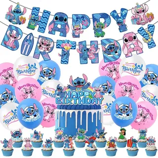 35pcs Stich Geburtstag Deko Set, Kindergeburtstag Party Deko Set, Banner, Tortenstecker, für Kindergeburtstag Mädchenparty
