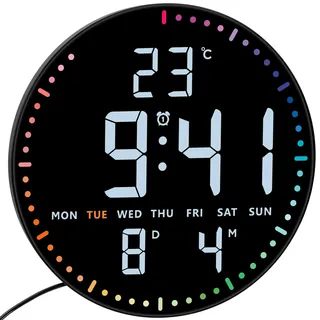 TFA Dostmann LED Wanduhr digital, 25,5 cm, Temperatur, Datum, Wecker | 60.4002 Mit Netzadapter, Kalenderanzeige, 12/24 H, 3 Helligkeitsstufen, weiße Ziffern, bunt, schwarz
