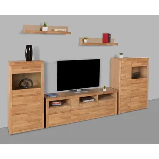 OTTO home Wohnwand Silkeborg: 5-teilig, Breite: 310cm, Griffmulden, variable Einlegeboden, (Set, 5-St), Fronten aus Massivholz und Korpus aus Holzwerkstoff braun