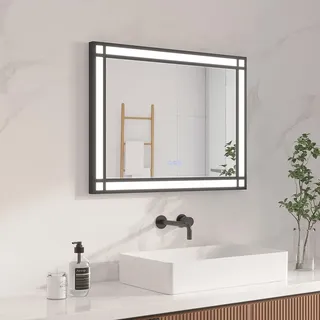 AQUABATOS LED Badspiegel 80 x 60 cm Badezimmerspiegel mit Beleuchtung Antibeschlag Dimmbar Industrial Style Lichtspiegel 3 Licht Farben - Schwarz