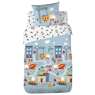CÔTE DECO Bettwäsche-Set für Kinder, Wendbar, LKW und Traktor, Blau, Bettbezug 140 x 200 cm + 1 Kissenbezug 63 x 63 cm, 100% Baumwolle, 2-teilig