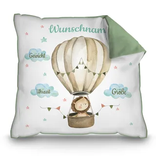 Print Royal PR Personalisiertes Kissen zur Geburt - Löwe im Heißluftballon - Geschenk zur Geburt mit Name und Geburtsdaten Personalisieren | 40 x 40 cm, Rückseite Grün