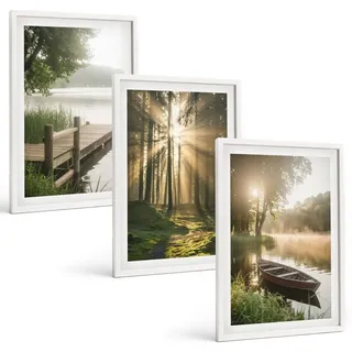 Bilder Set 3-teilig im weißen Rahmen – Wandbilder 3 Stück – gerahmte Poster für Wohnzimmer, Schlafzimmer und Flur – 40x60 cm – See, Wald... - Grün