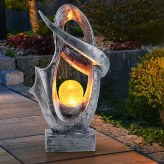 Solarlampe für Außen Garten Deko Terrassen Lampe Außen Boden Solar Lampe Outdoor stehend, mit Feuereffekt, Skulptur silber, Crackle Glaskugel, 1x LED 3000K, BxH 25,5x45 cm